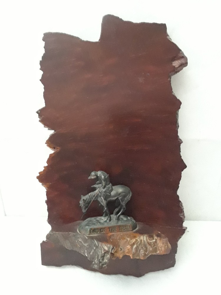 End of The Trail Wooden Plaque Folk Art Native American Warrior on Horse Vintage