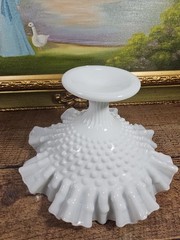Fenton White Milk Glass Hobnail Ruffled Pedestal Compote Signed VTG, 8″