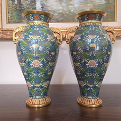 Pair Chinese Cloisonné Enamel Brass Floral Vases Blue Dragon Handle Vintage