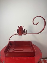 Vintage Red Metal Toleware Primitive Style Candle Holder Square Bottom Enamel