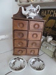 2 Vintage WHITE BROWN Transferware PLATES & TEAPOT Birds & Branches CRAZING