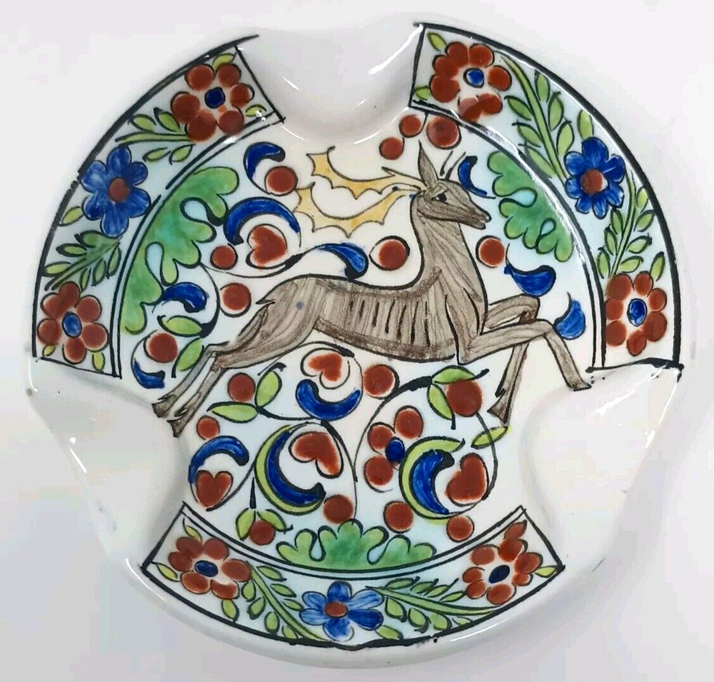 Vintage Ikaros Icaros Greek Pottery Ashtray Trinket Dish Stag Deer Greece 4.5″