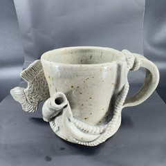 Hand Made Stoneware Pottery Large Heavy Mug Cup 3D Sea Creatures Marked Handle