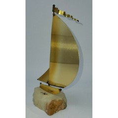VTG John Demott Signed Mid Century Brass Sailboat Sculpture Onyx Quartz Base 8″