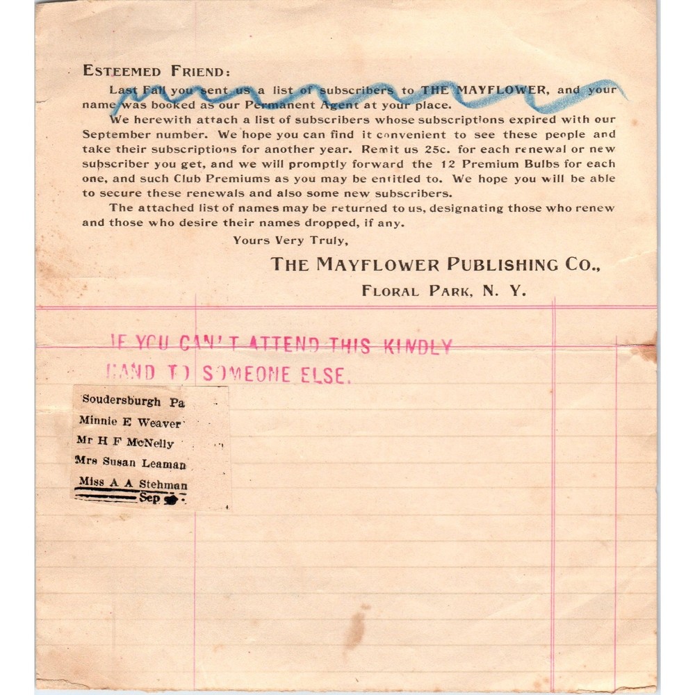 Antique Mayflower Publishing Co Floral Park NY Memo A.A. Stehman Soudersburg D21