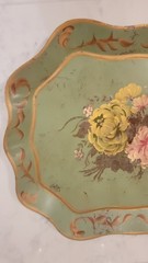 VTG Hand Painted Floral Serving Tole Tray Olive Green Stand Cottage Core Shabby