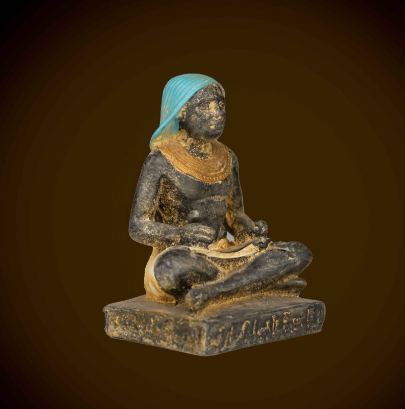 Authentic Ancient Egyptian Gilded Stone Seated Scribe Statue Figurine Rare BC
