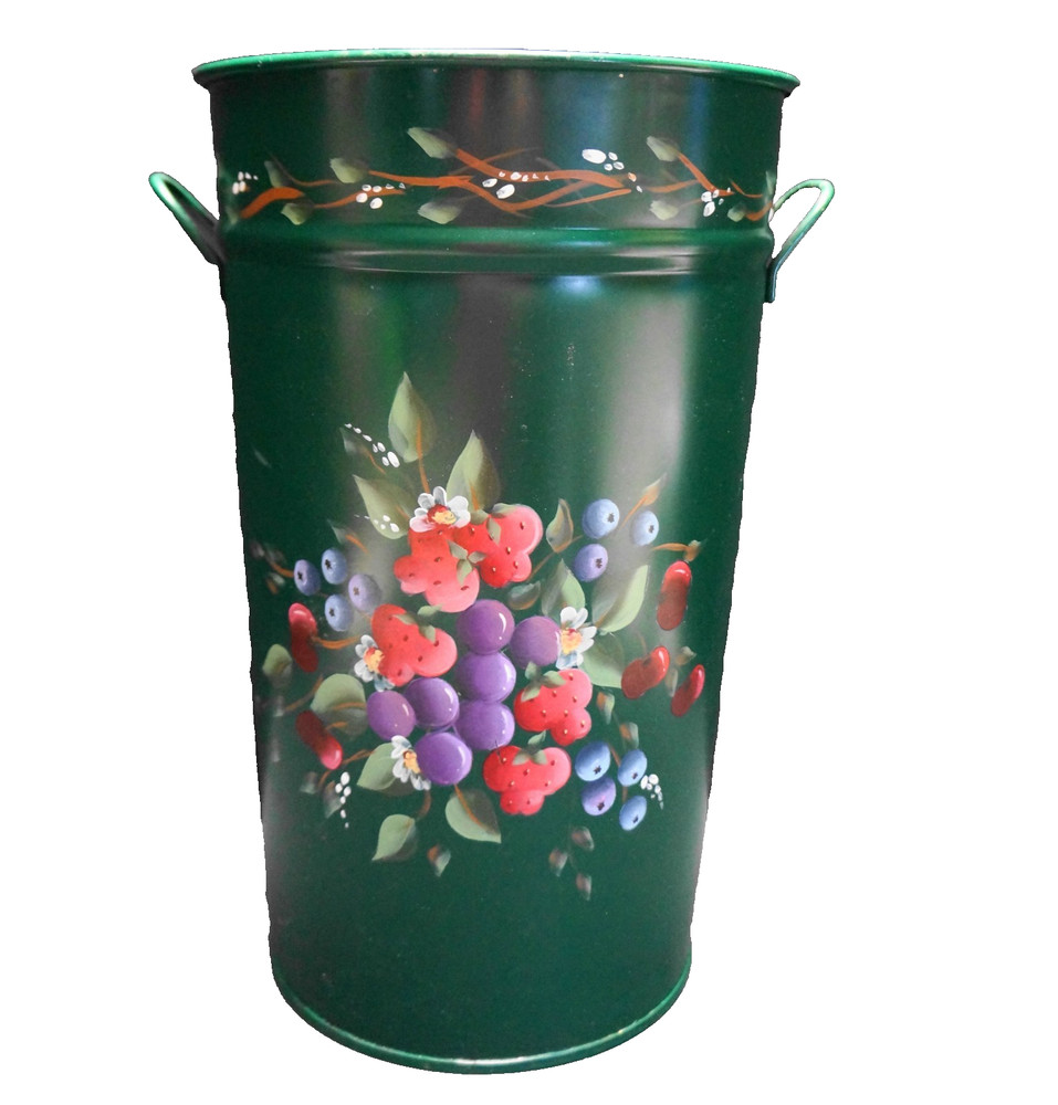 Tole Hand Painted Fruit Dark Green Umbrella Holder