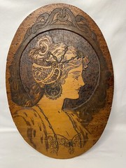 Vintage Art Nouveau Oval Wood Carved Pyrography Victorian Lady