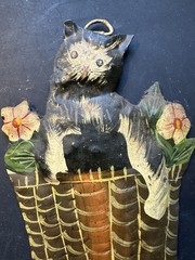 3 Vtg Hand Painted Tin Wall Hangings Hooks Sunflowers Cat in Basket Flower Pot