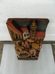 Hand-carved WOODEN WALL PLAQUE.Jorginho da Bahia,Rio,Brazil.Village Scene.