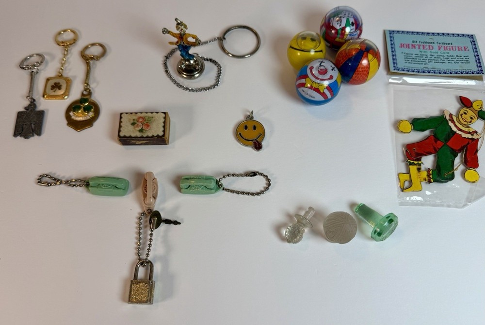 Vintage Junk Drawer Lot Clown Jet Balls Taiwan Keychains Novelty Toys 17 Pc OOAK