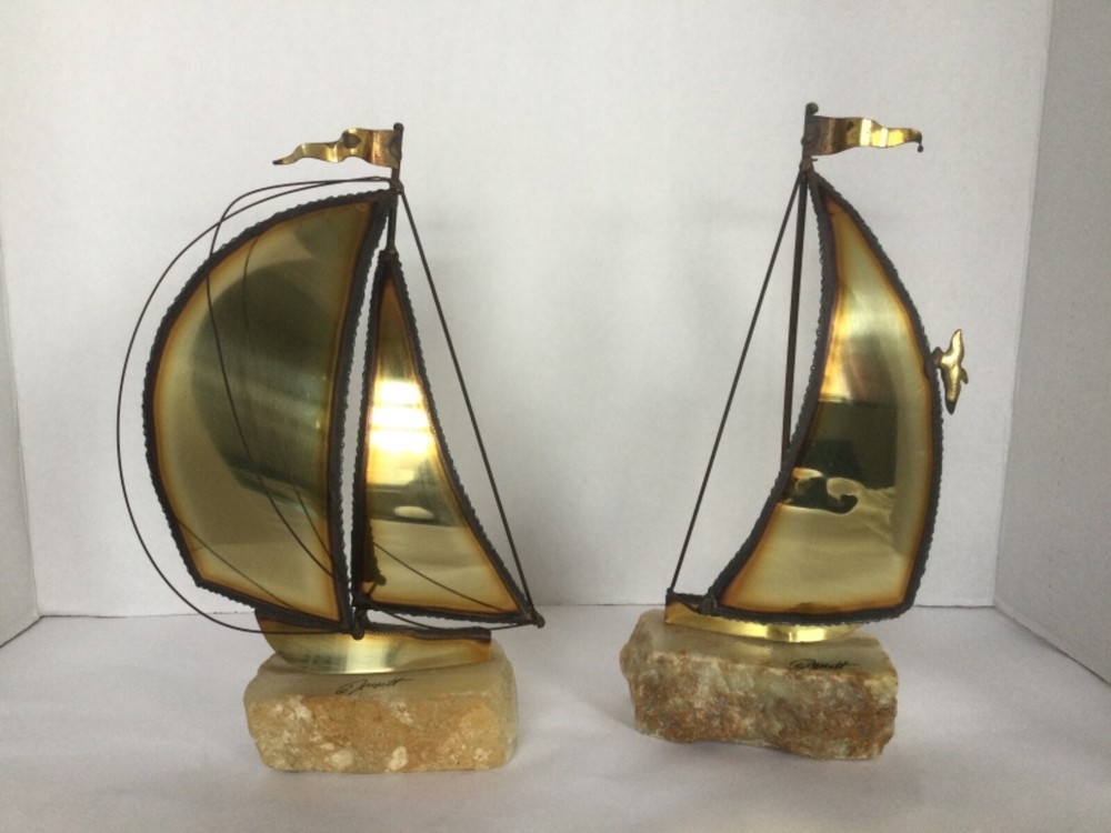 MCM Vtg Demott Brass Metal on Stone Base Sailboat Sculptures Set of 2 Signed