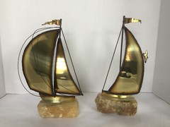 MCM Vtg Demott Brass Metal on Stone Base Sailboat Sculptures Set of 2 Signed