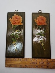 2x Floral Roses Handmade Wooden Lacquer Wall Art Plaques Wall Decor 70s 80s Vtg