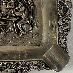 Antique Collectible Metal Cigarette Ashtray Men Sitting Around A Table Rare