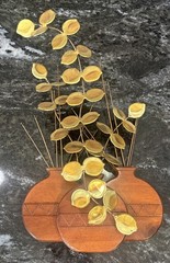 Vintage HOMCO Brass Eucalyptus Leaves Sculpture Wood Planter Plant Decor MCM