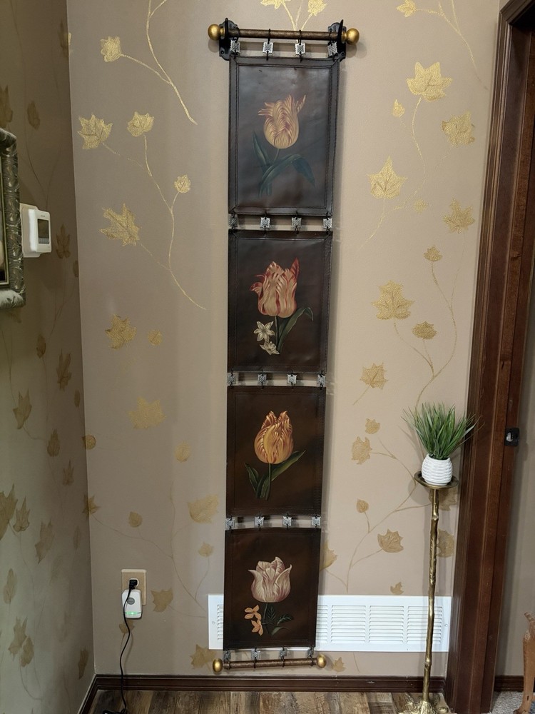 Vintage long 4 panel brown Leather Wall hanging hand painted tulips metal rods