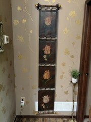 Vintage long 4 panel brown Leather Wall hanging hand painted tulips metal rods