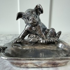 Antique Dog Cast Metal Trinket tray Early 1900s with Turtle heavy ashtray