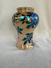 Art Deco Lusterware Vase Hand Painted Flowers Blue & Orange 8″ x 6″
