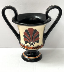 Vintage Greek Double Handled Terracotta Kantharos Vase Signed 5″H Hand Painted