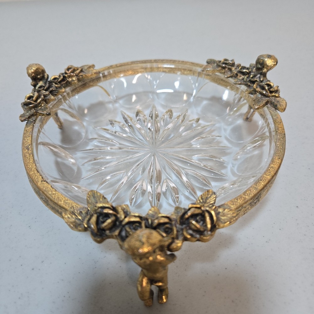 Vintage Small Cherub Gold Tone W/Roses Glass 6″ Round Dish Trinket Dish