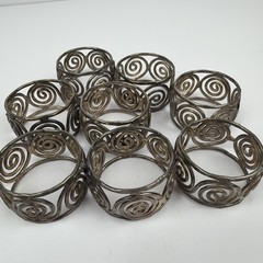 Set of 8 Vintage Silver Tone Napkin Rings Modernist Scroll Swirl Design