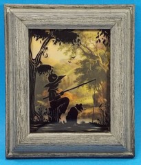 Pair Reverse Painted Silhouettes Framed Bubble Glass Small Country Boy W/Dog1930