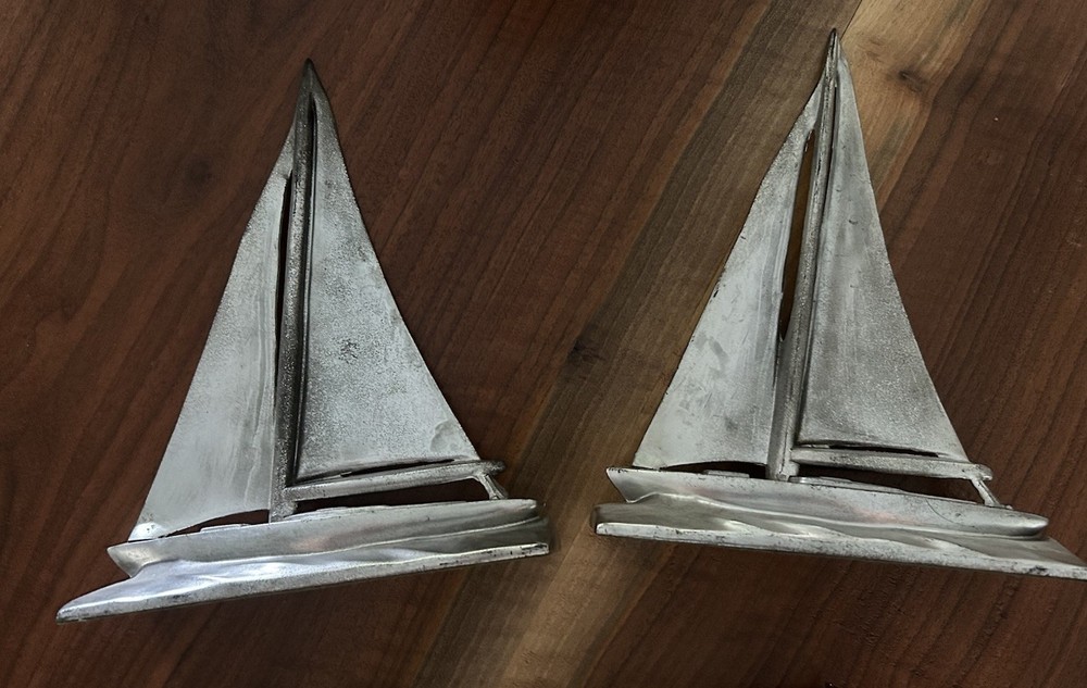 Vintage Rare Pair of Ovington’s New York Metal Sailboats 10” Cast Model