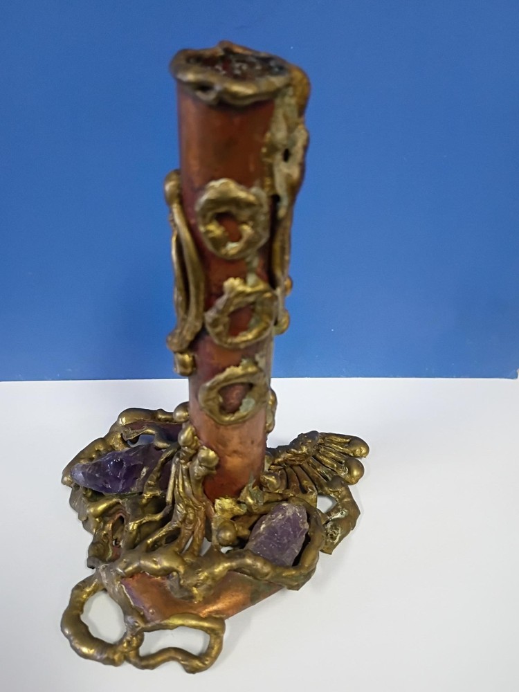 Copa Collection Made in Brazil Brutalist Mixed Metal and Amethyst Candle Holder