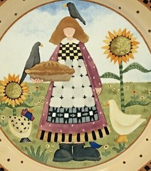 Williraye Studio Plate Girl Holding Pie 1999 Fall Birds Sunflowers Farm Lady