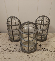 3 Vtg Cast Aluminum Light Bulb Cage & Glass Insert Lamp Industrial MCM