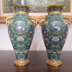 Pair Chinese Cloisonné Enamel Brass Floral Vases Blue Dragon Handle Vintage