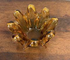 Vintage MCM Amber Hand Blown Art Glass Freeform Bowl 8 Prunts Czech Style 5″