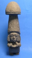 PRE-COLUMBIAN MIXTEC BASALT MUSHROOM STANDING FEMALE SHAMAN FIGURE