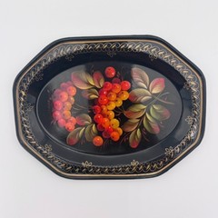 Painted Metal Mini Tray Folk Art Toleware Style Black w/ Red Orange Berries