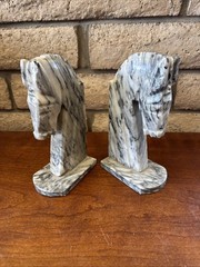Vintage Pair Carved Stone Marble Horse Head Book Ends Mexico Felt Bottoms