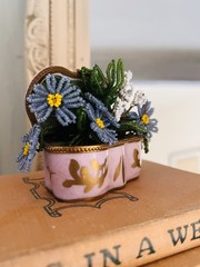 Vtg Seed Bead Pink & Blue Floral Spring Limoges France Trinket Box Planter/Vase