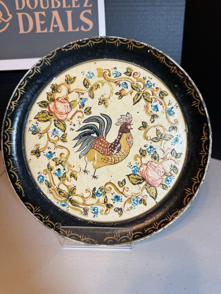 VTG Black Cream Paper Mache Tole Tray French Country Rooster Vines Flowers 9 in