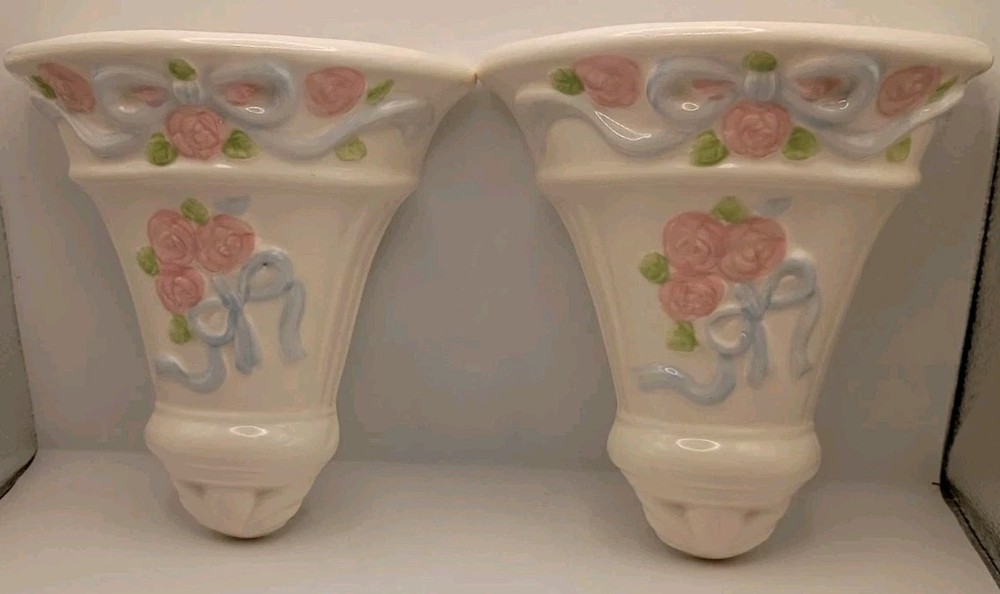 Vtg.80s 2pc. Home Interiors Tea Rose Ceramic Wall Pockets Cottage,Shabby Chic,