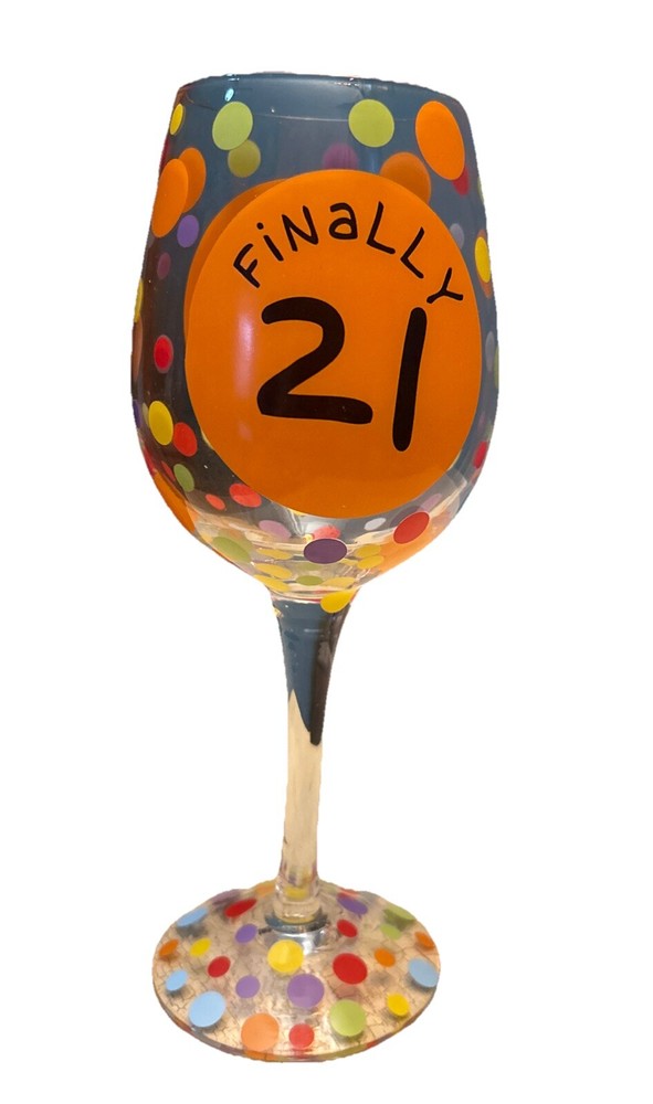Our Name is Mud FINALLY 21 Painted Wine Glass in original packaging