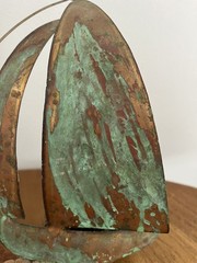 Copper Metal Green Sailboat Art Figurine Sculpture Wood Base Beach Coastal 10”