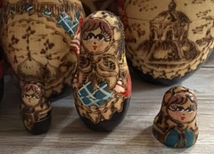 Wood burned Nesting/Traditional. 9.5 Piece Painted Detail – SIGNED. Russian