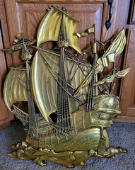 Homco 3663 Gold Ship Wall Decor 1958 MCM Made In USA About 28″ X 22″