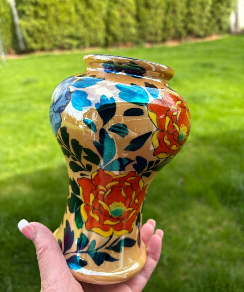 Art Deco Lusterware Vase Hand Painted Flowers Blue & Orange 8″ x 6″