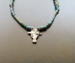NILE Ancient Egyptian Silver Hathor Amulet Mummy Bead Necklace ca 1000 BC