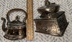 Vintage Cast Metal Wall Decor Coffee Grinder And Tea Kettle Lots Of Patina