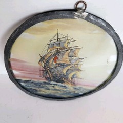 Antique 1910 Reverse-Paint Glass Galleon Ship Scene Edwardian Wall Decor Plaque