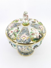 Capodimonte Footed Candy Dish with Lid Featuring Cherub Finial